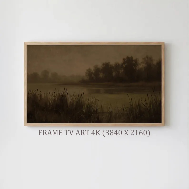 Neutral Landscape Frame TV Art, Dark Moody Landscape, Vintage River Reflection Painting, Cottagec... | Etsy (Global)