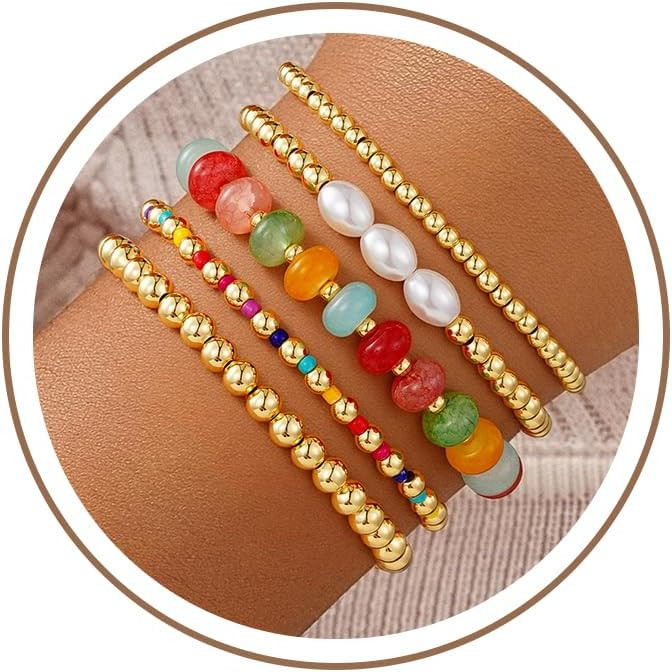 5PCS Colorful Beaded Stretch Bracelets Set for Women Girls Gifts | Amazon (US)
