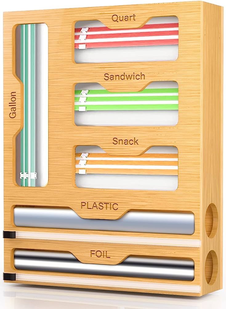 KOCWELL Bag Organizer and Plastic Wrap Dispenser with Cutter, 6 In 1 Bamboo Foil and Plastic Wrap... | Amazon (US)