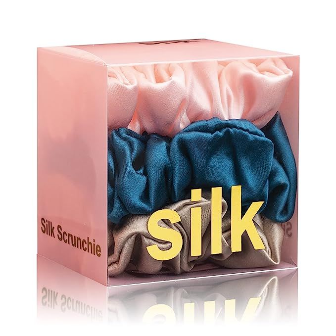 Silk Scrunchies for Hair 100% Mulberry Silk Hair Ties 3 Pack(Pink, Peacock Blue, Apricot) | Amazon (US)