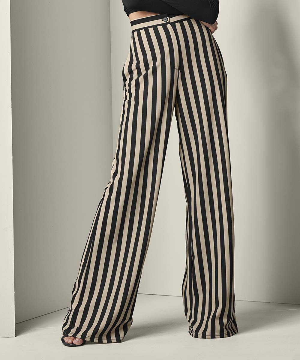 Venus Women's Dress Pants BKMU - Beige & Black Stripe Wide-Leg Pants - Women | Zulily