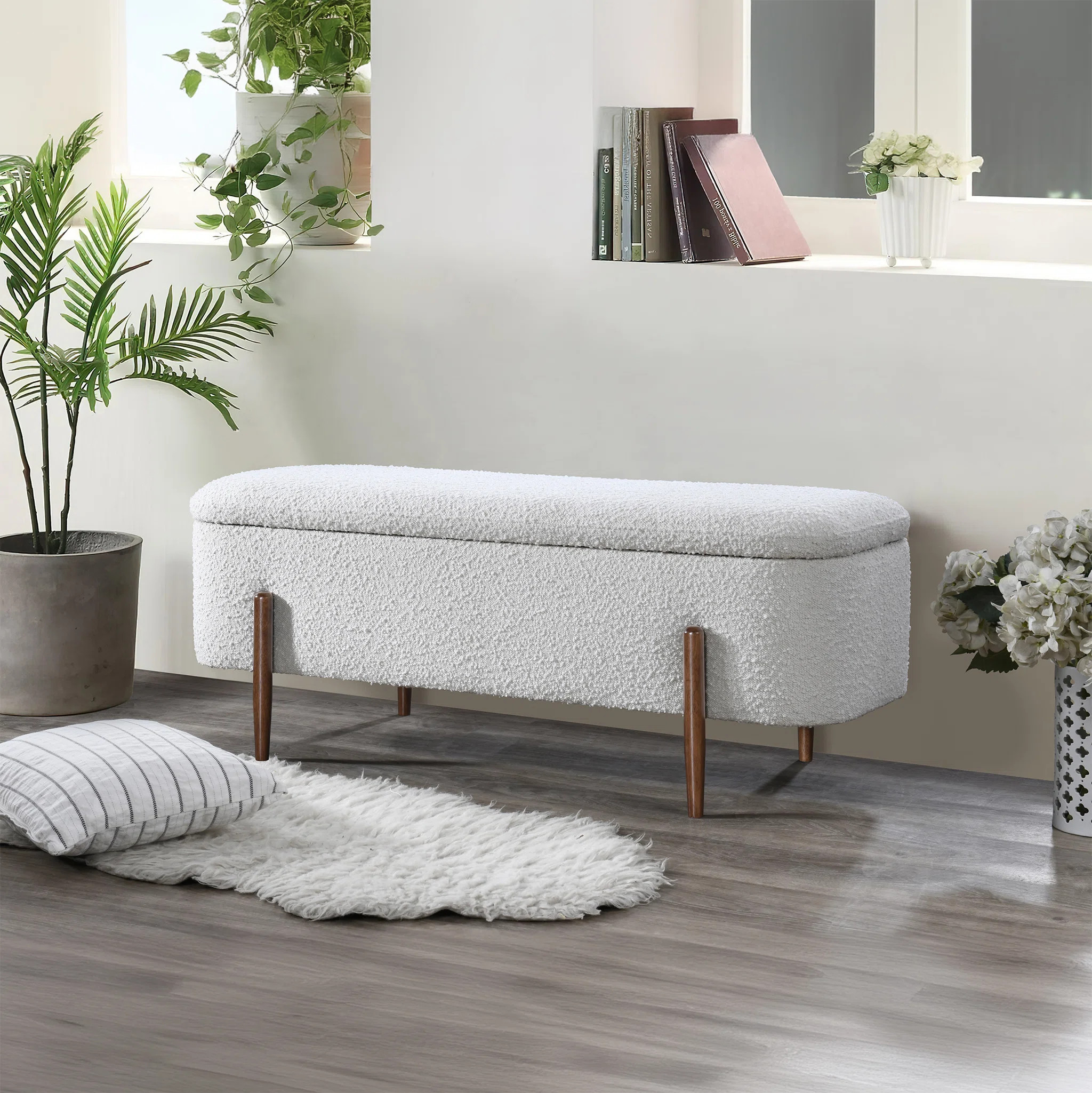 Pixie 48" Mid-Century Modern Japandi Ivory Boucle Fabric Upholstered Storage Bench | Wayfair North America