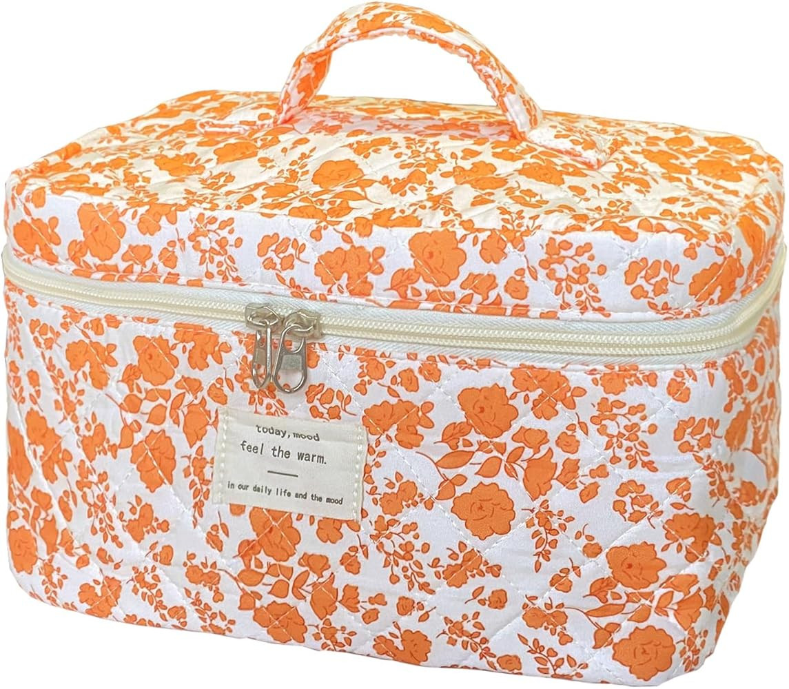 Orange Large Quilted Floral Makeup Bag Cute Soft Coquette Aesthetic Cosmetic Bag Cotton Travel To... | Amazon (US)