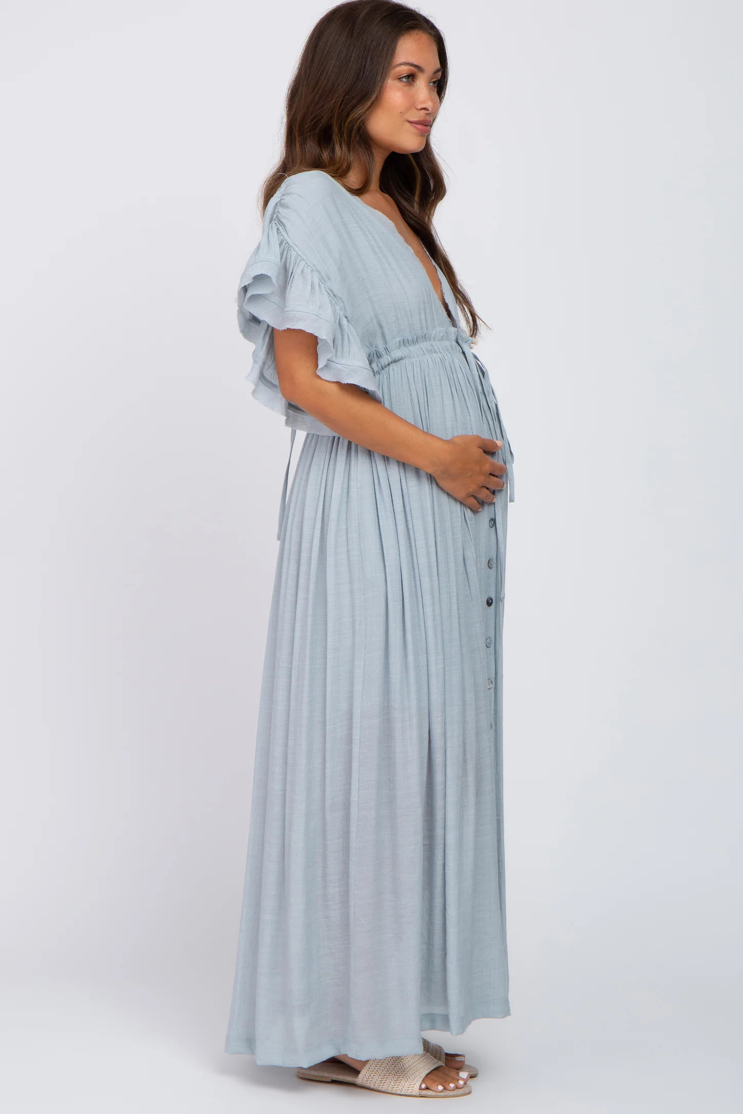 Light Blue Deep V-Neck Button Down Maternity Maxi Dress | PinkBlush Maternity