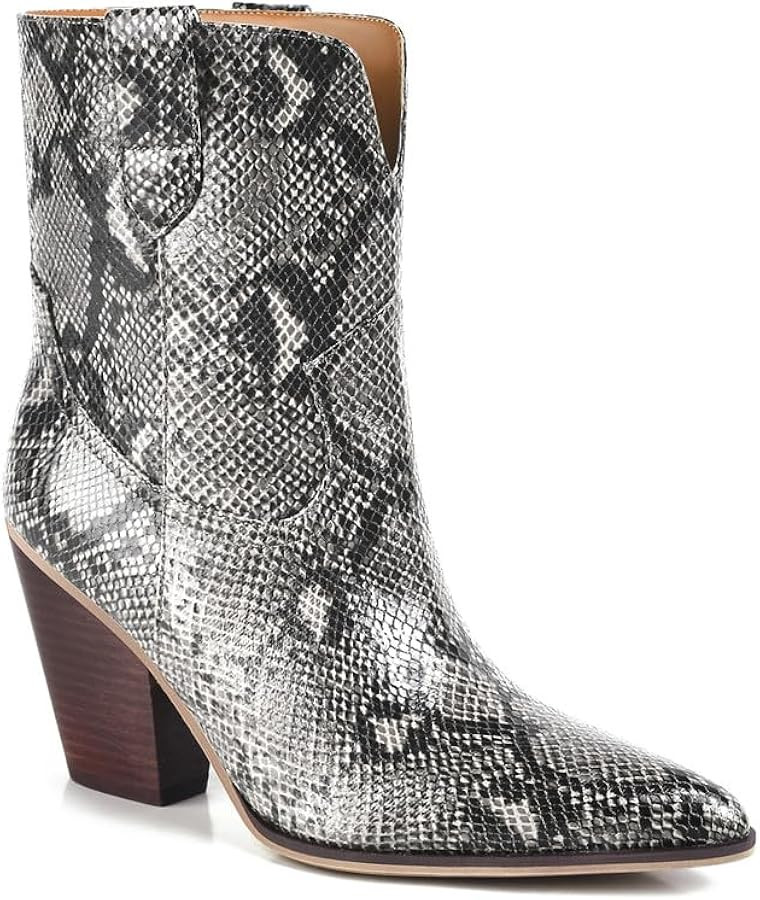 Snakeskin Ankle Boots for Women Pointed Toe Snake Booties Chunky Block Heel Pull on Snake Skin Fa... | Amazon (US)