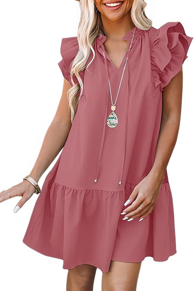 Dokotoo Womens Summer Dresses 2025 V-Neck Drawstring Ruffle Cap Short Sleeve Side Pockets Mini Dr... | Amazon (US)