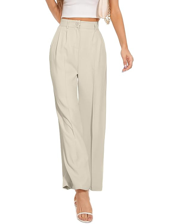 FUNYYZO Women Long Trousers Wide Leg Pants High Elastic Waisted in The Back Business Work Pants | Amazon (US)
