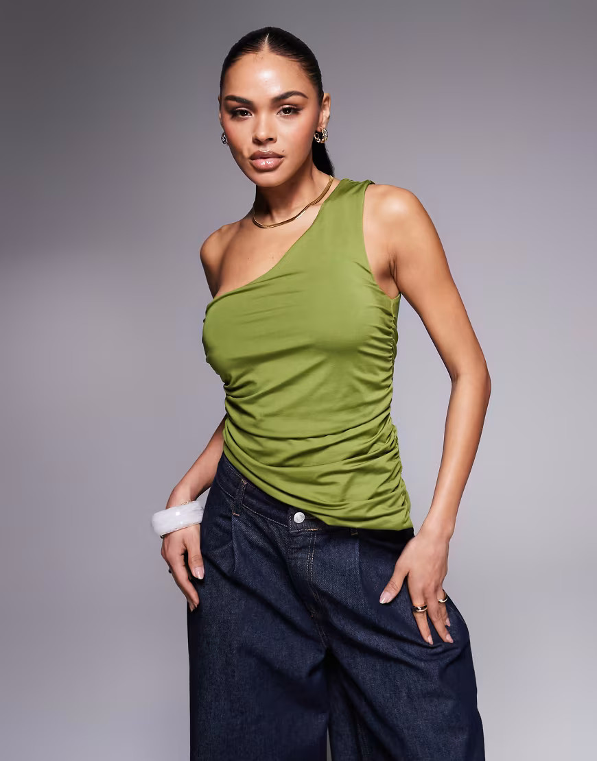 ASOS DESIGN ruched side asymmetric hem double strap one shoulder top in slinky in khaki-Green | ASOS (Global)