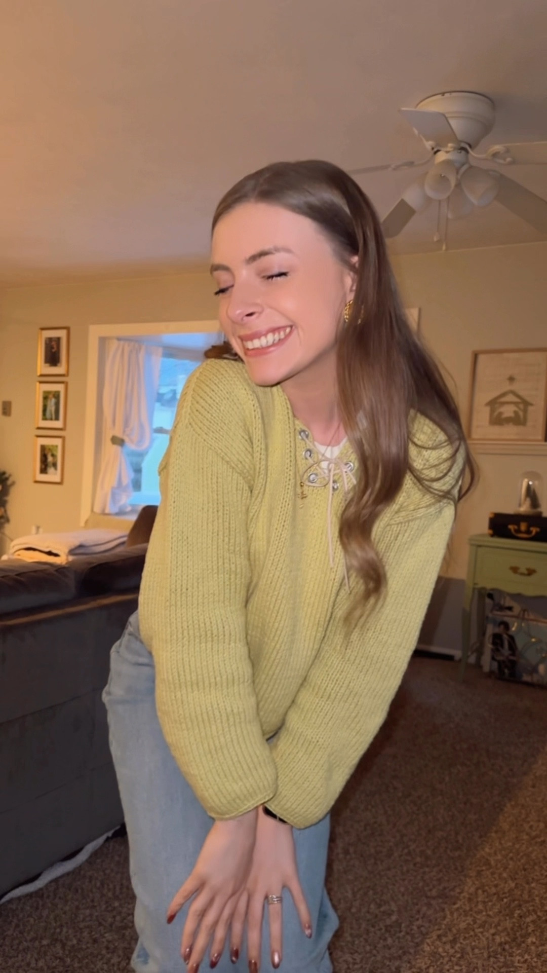 OOTD 1/17/25

Chartreuse sweater, yellow green chunky sweater, lace up tie oversized sweater, layering tank, baggy oversized straight leg jeans, cuffed baggy jeans, Abercrombie denim, light wash jeans, tall girl friendly jeans, white western ankle boots, short cowgirl boots, gold chunky jewelry, charm necklace, chunky gold hoops, ribbed headband, winter style, how to style winter outfits, long hair style, casual winter outfit ideas

#LTKShoeCrush #LTKFindsUnder50 #LTKStyleTip