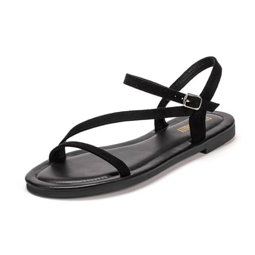 Frank Mully Women's Flat Sandals Summer Open Toe Slingback Shoes Cute Sandals for Women Daily Ankle Strap Adjustable Sandals Black,9.5 | Amazon (US)