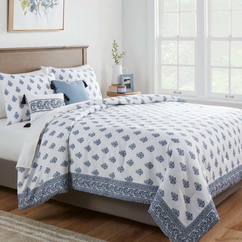 Norwood Block Print with Border Comforter Bedding Set White/Blue - Threshold™ | Target