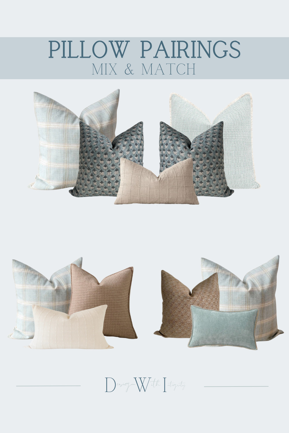 This pillow pairing blends soft coastal blues with warm neutral textures to create a look that feels balanced, relaxed, and layered. A subtle plaid pattern introduces structure and visual movement, while small scale block prints add depth and interest without overwhelming the palette. Soft woven neutrals and textured fabrics ground the arrangement and provide a calm foundation.

What makes this combination work is the mix of pattern scale and tactile materials. Structured plaid anchors the palette, delicate repeating motifs add dimension, and tailored neutral lumbars bring a refined finishing layer. The result is a pillow mix that feels thoughtfully curated yet effortlessly comfortable.

This combination works beautifully in coastal, transitional, or modern traditional interiors where layered textiles bring warmth and visual interest.

Shop the curated pillow pairing to recreate this designer layered look in your own space.

#PillowPairings #LayeredInteriors #CoastalInteriorStyle #TexturedHomeDecor #InteriorStyling 

 #LTKHome