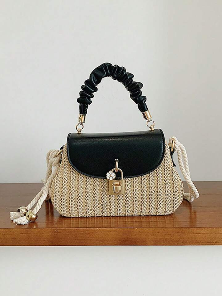 Lock Decor Top Handle Straw Bag Vacation Black | SHEIN