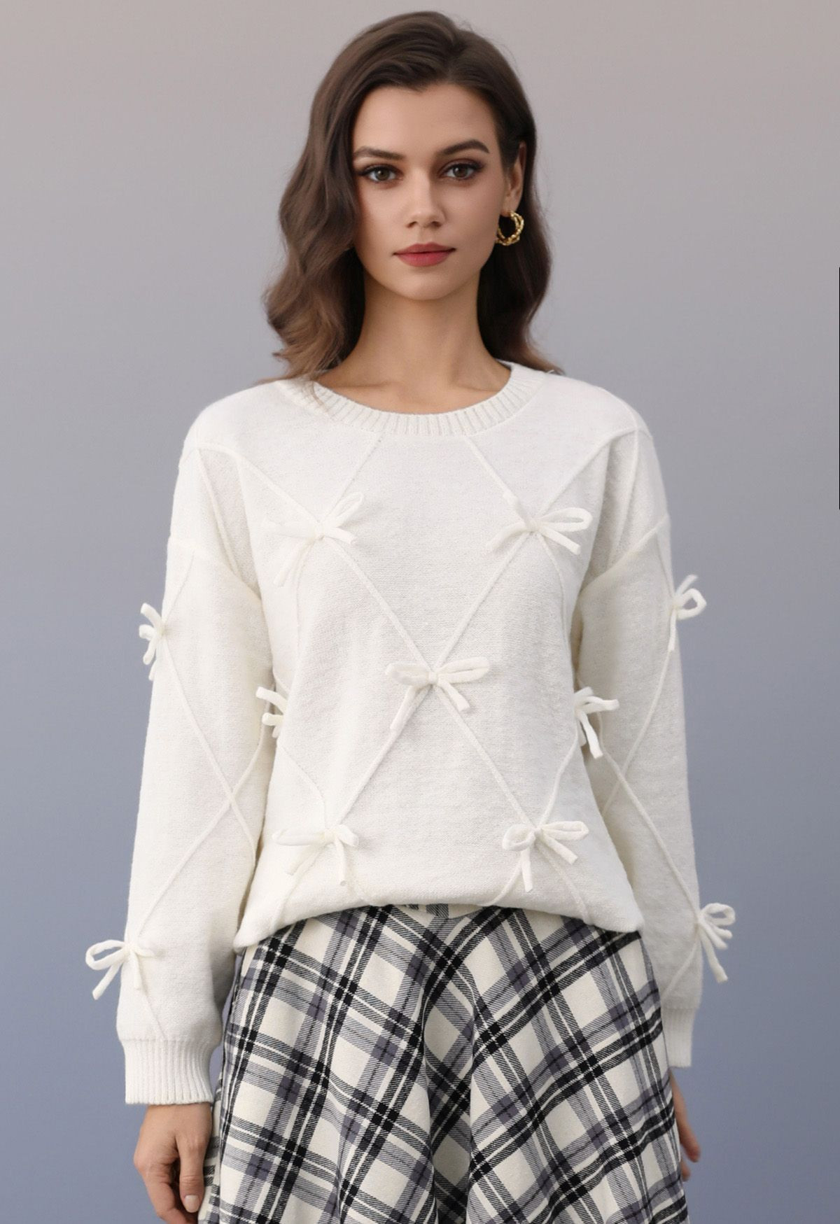 Diamond Knit Pattern Bow-Decor Sweater in White | Chicwish