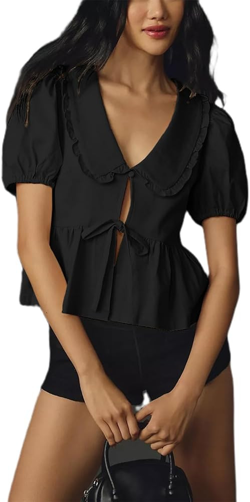 POHADON Women Cute Tie Front Summer Tops Ruffle Hem Babydoll Puff Short Sleeve Shirts Going Out T... | Amazon (US)