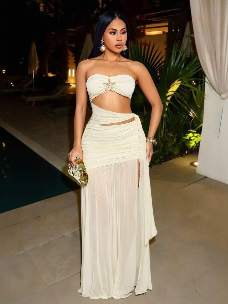 SOLERSUN Sexy Strapless Sheer Mesh Maxi Dress Women Ruched Cut Out Waist Beach Club Vacation Godd... | SHEIN