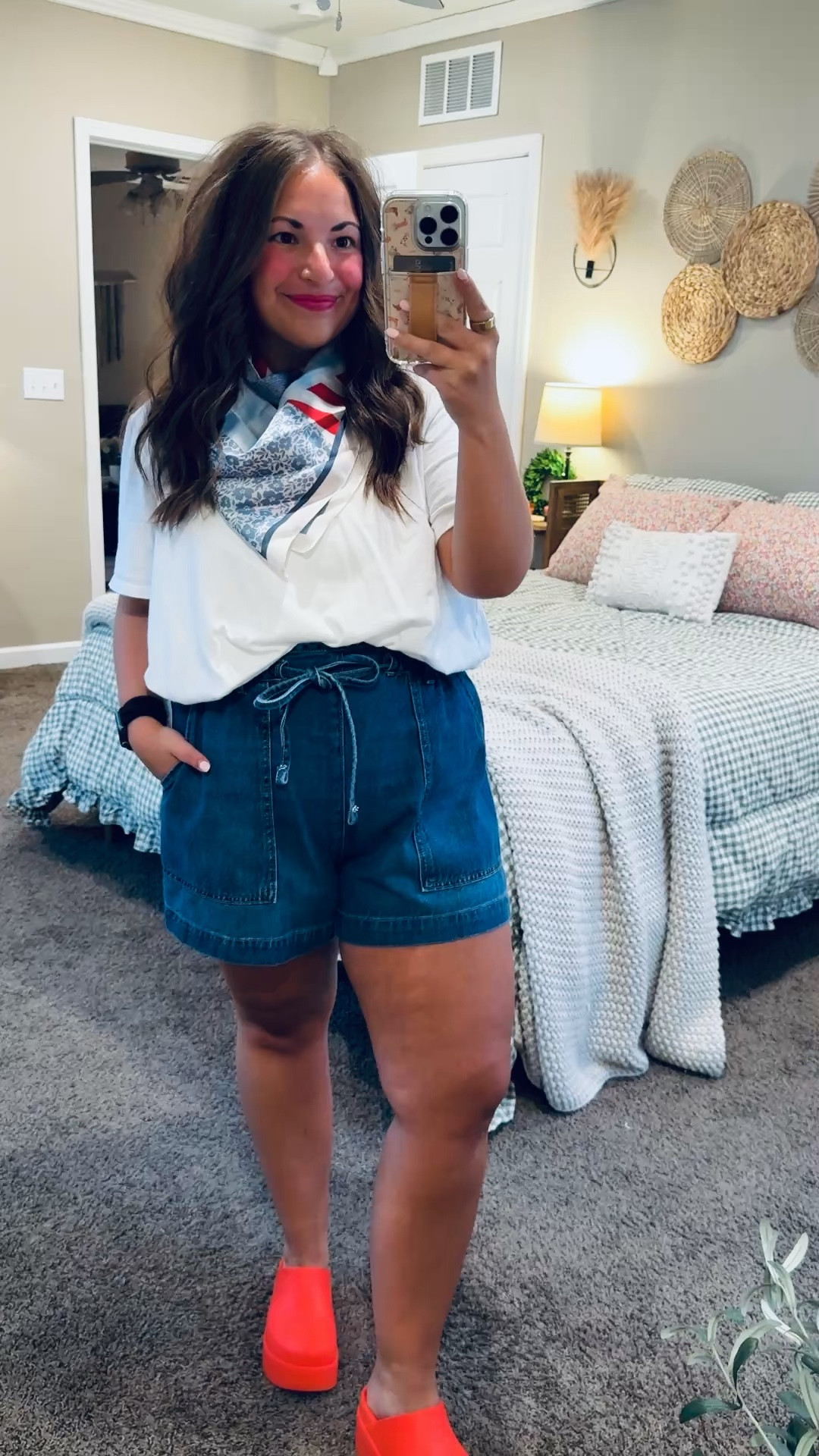 A little red, white & blue moment ❤️ this Americana scarf is the cutest finishing touch!

platform crocs: fit oversized // wearing a 2
soft denim shorts: fit true to size // wearing a large
bubble tee: fits true to size // wearing a large 

 #LTKootd #LTKMidsize