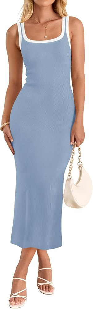 ZESICA Women's 2025 Summer Bodycon Midi Dress Casual Sleeveless Square Neck Side Slit Knit Vacati... | Amazon (US)