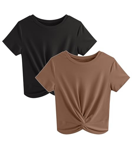 JINKESI Women's 2 Pack T-Shirts Summer Crop Tops Causal Crew Neck Short Sleeve Twist Front Tee T-Shirt Black Brown-Small | Amazon (US)