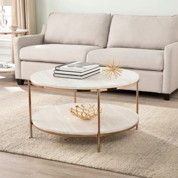 Silver Orchid Henderson Round Faux Stone Cocktail Table - Champagne/faux travertine | Bed Bath & Beyond