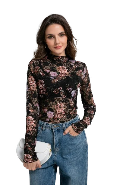 MINTREUS Ladies Long Sleeve Stand Collar Lace Top Sexy Flower Western Perspective Shirt Transpare... | Walmart (US)
