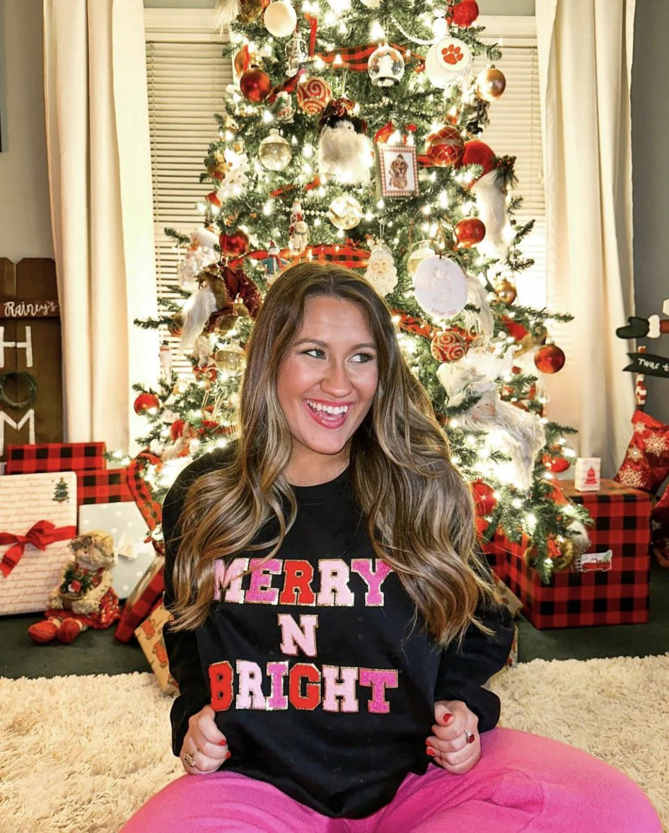 'Merry N Bright' Letter Patch Crewneck Sweatshirt | United Monograms