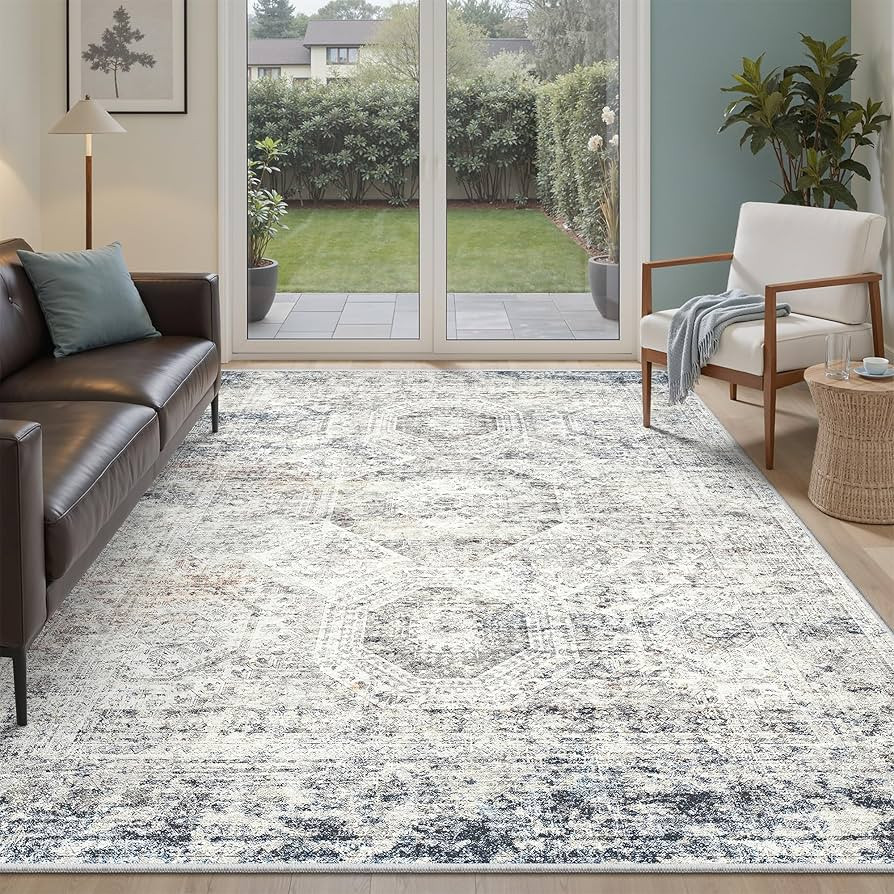 Soalmost 5x7 Area Rugs Blue Ivory Low Pile Indoor Washable Trendy Faded Style Rugs for Bedroom Li... | Amazon (US)
