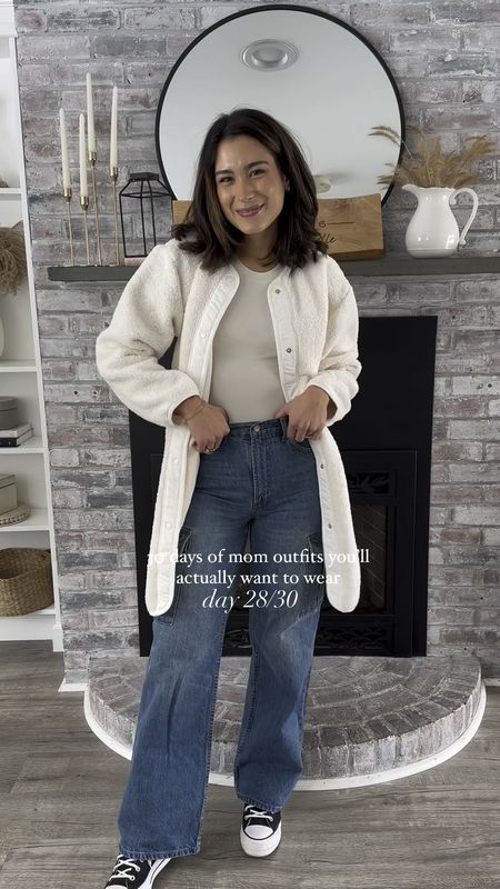 Sharing 30 days of mom outfit ideas you’ll actually want to wear! You definitely don’t have to be a mom to wear them! Just love an elevated casual look. 🤍The fit of these @aritzia cargo jeans. 👌🏼👌🏼👌🏼

SIZING AND COLOR INFO:
• Wearing a small in the Sherpa Long Liner Jacket. It is oversized. Color is Light Birch
• Wearing a medium in the Sinch Smooth Willow T-Shirt. Size up for a longer fit. Color is Birch. 
• Wearing my regular size in The Farrah Hi-Rise Cargo Jean. Color is 5 Yrs Kiss N Tell Bl. 

The perfect mom outfit, mom outfit idea, casual outfit idea, jeans outfit, winter outfit, style over 30, aritzia outfit, converse outfit

#momoutfit #momoutfits #dailyoutfits #dailyoutfitinspo #whattoweartoday #casualoutfitsdaily #momstyleinspo #styleover30 #aritzia #aritziastyle 

#LTKfindsunder100 #LTKSeasonal #LTKstyletip