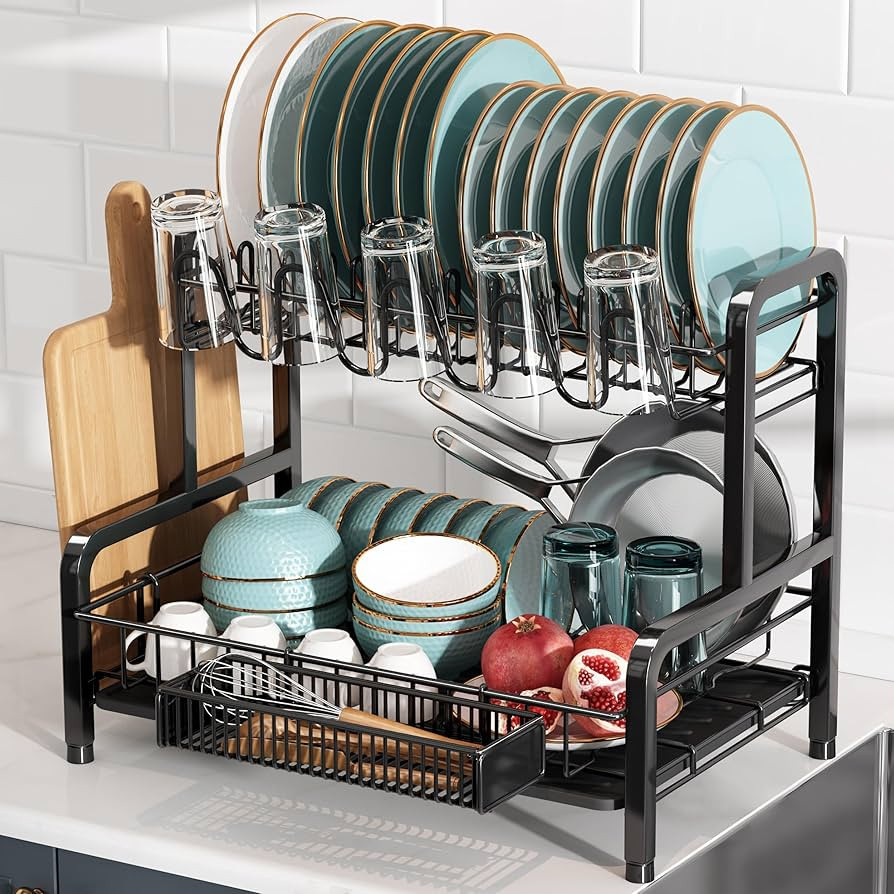 BOOSINY 2 Tier Black Large Stainless Steel Dish Drainers Drying Rack for Kitchen Counter with Dra... | Amazon (US)