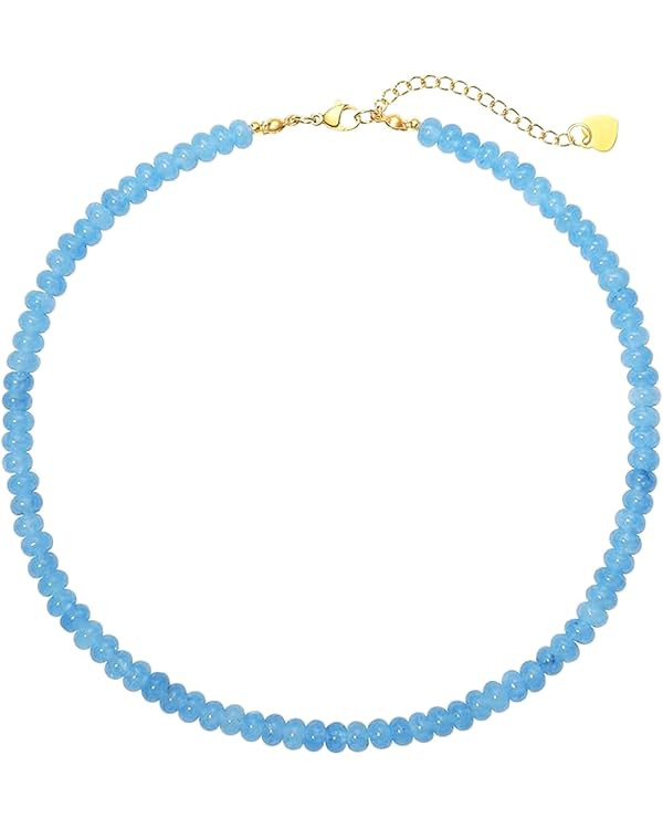 Aquamarine Beaded Necklace for Women, Boho Blue Gemstone Choker for Summer Beach Outfits, Handmad... | Amazon (US)