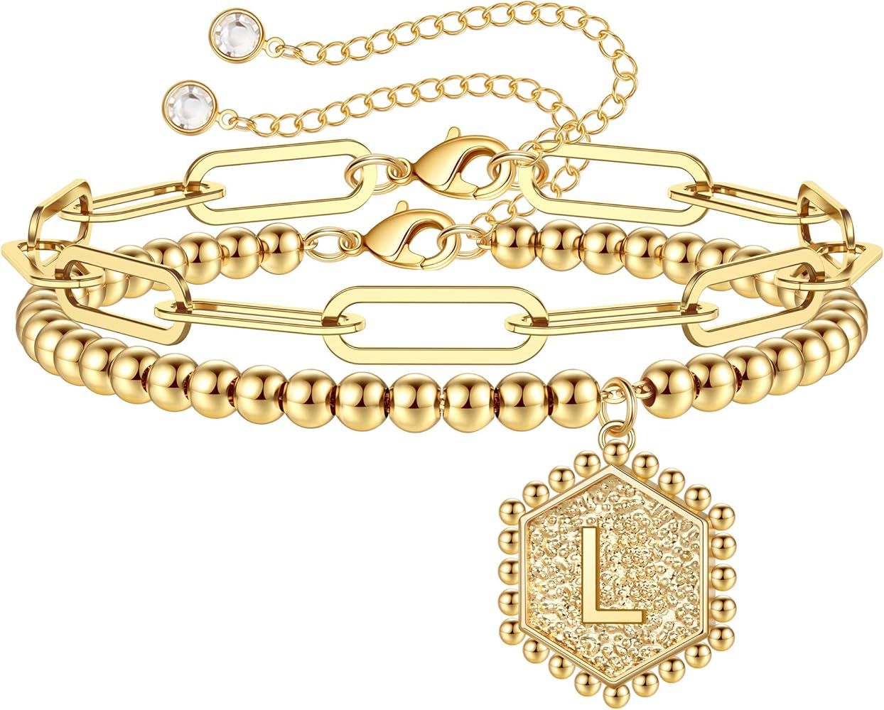 Gold Initial Bracelets for Women, 14K Gold Plated Beaded Bracelets for Women Teen Girls Hexagon Pend | Amazon (US)