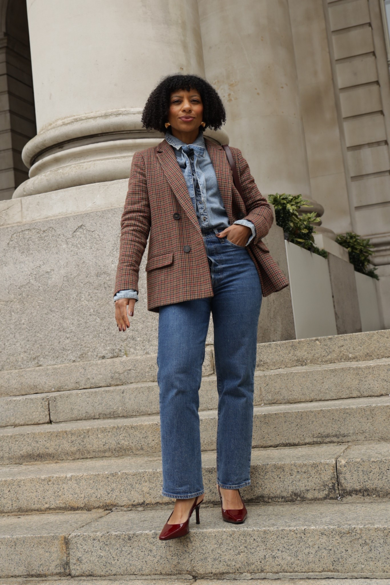 Petite autumn outfit 
Houndstooth blazer, denim shirt, straight jeans, burgundy slingback heels 
Petite style
Petite fashion
Brown blazer 

#LTKpetite #LTKeurope #LTKuk
