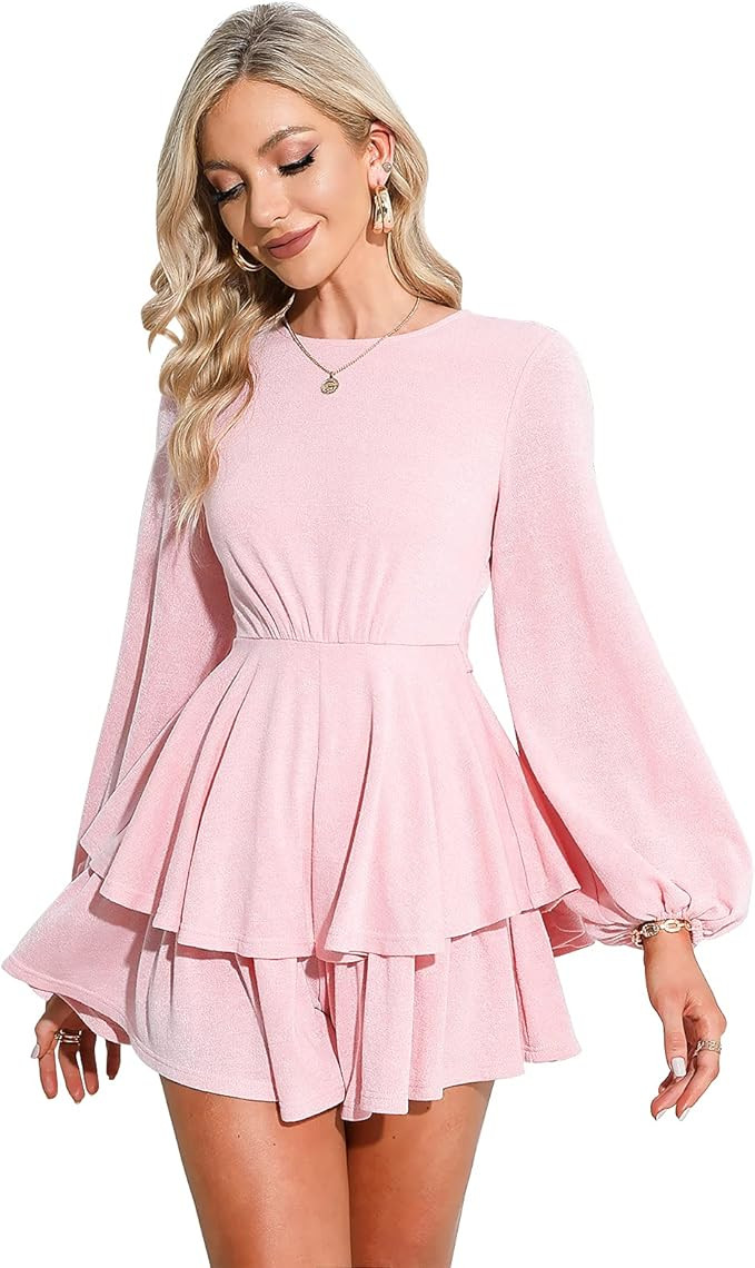 Exlura Women's Long Sleeve Jumpsuit Tie Back Double Layer Ruffle Hem Short Mini Romper | Amazon (US)