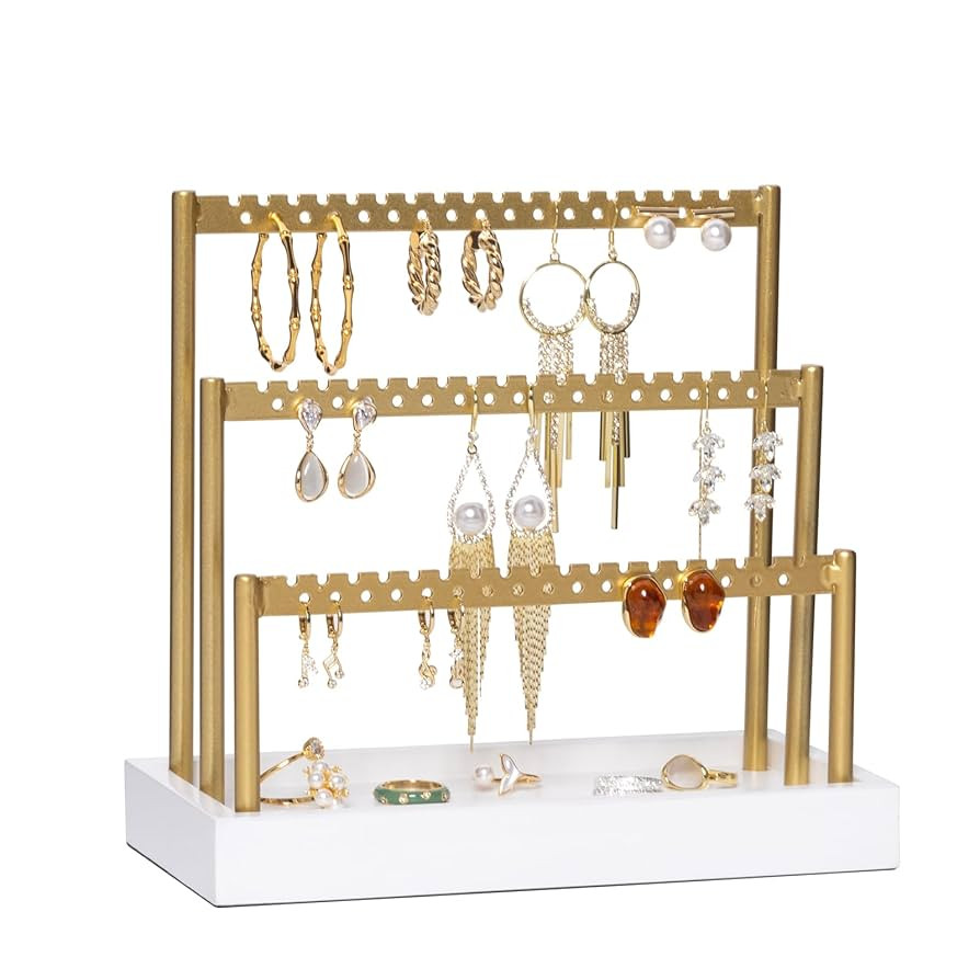 SANY DAYO HOME 3-Tier Earring Holder Organizer Stand, 105 Holes Gold Metal Earring Rack Jewelry D... | Amazon (US)