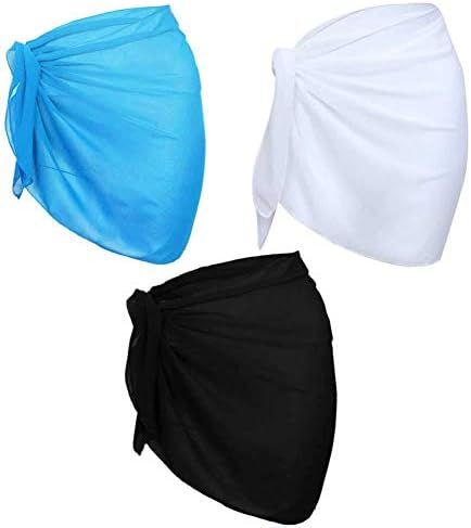 3 Pieces Sarong Beach Cover Up, Short Beach Sarong Wraps Hawaiian Swimsuit Wrap Skirts Sheer Chif... | Amazon (US)