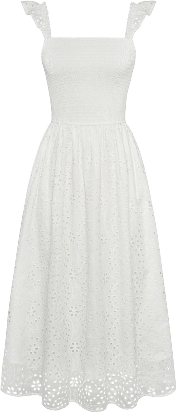 GRACE KARIN Women's 2025 Summer Ruffle Sleeve Midi Dress Square Neck Hollow Out Eyelet Smocked Be... | Amazon (US)