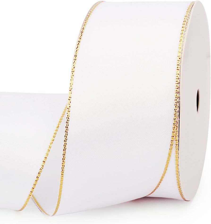 VIVIQUEN White Double Faced Satin Ribbon with Gold Edge, 1-1/2” Polyester Continuous Ribbon -25... | Amazon (US)