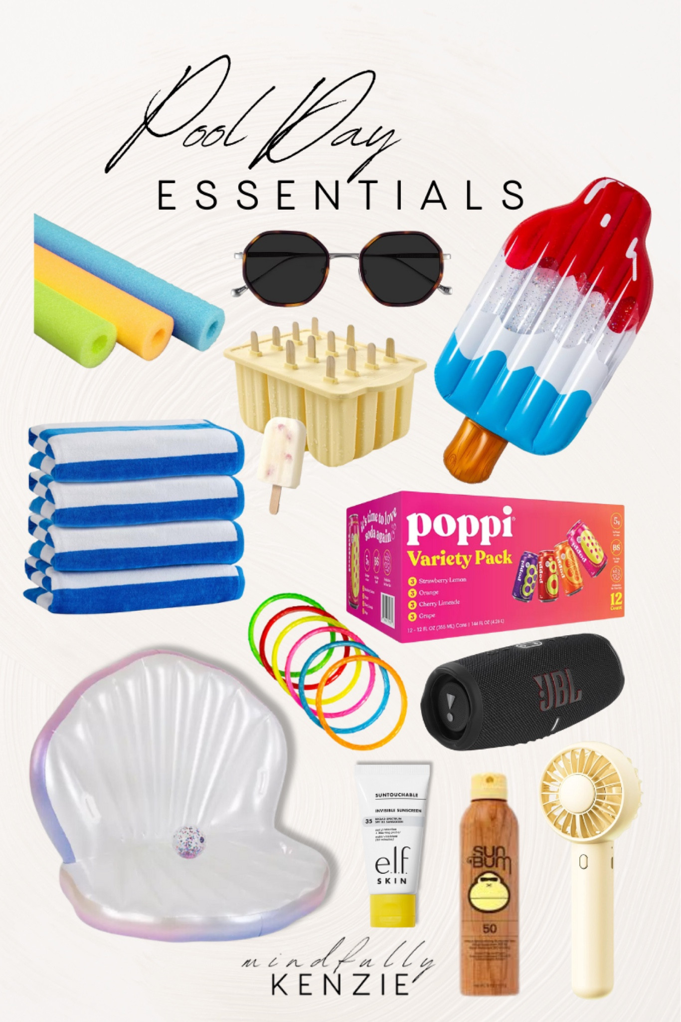 Pool Day Essentials 

Pool floats  pool noodles  trendy sunglasses  pool towels  popsicle silicone molds  pool toys  wireless speaker  sunscreen  battery powered handheld fan  poppi drink  prebiotic drink 

#LTKSeasonal #LTKKids #LTKFamily