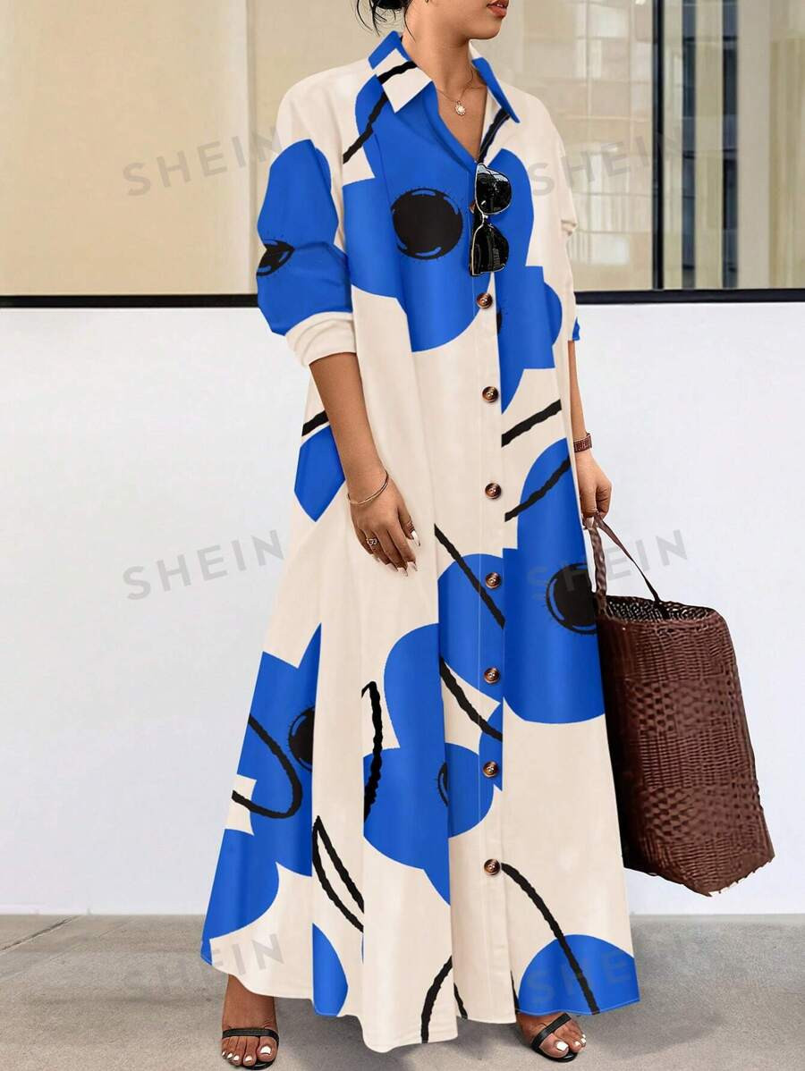 SHEIN LUNE Plus Size Spring Autumn Casual Random Printed Button Front Shirt Dress | SHEIN