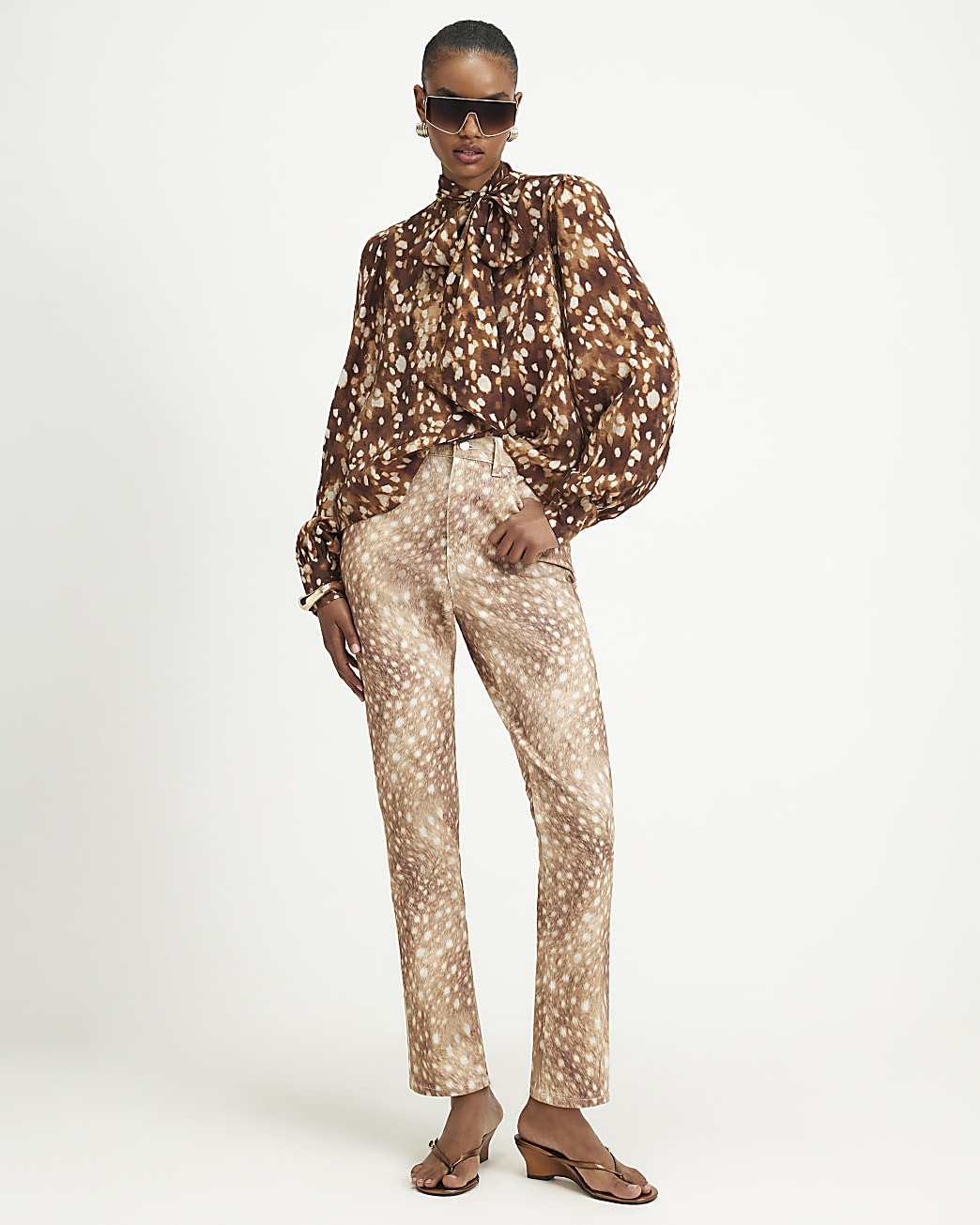 Brown Deer Print Pussybow Blouse | River Island UK & IE