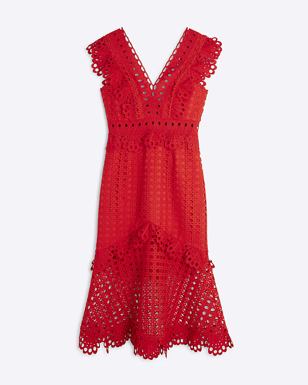Red Broderie Midi Dress | River Island UK & IE