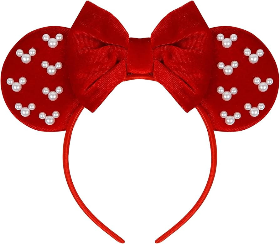 Mouse Ears Headbands for Women Bow Pearl Mouse Ears Adults Red Velvet Mouse Ears Headbands Christ... | Amazon (US)
