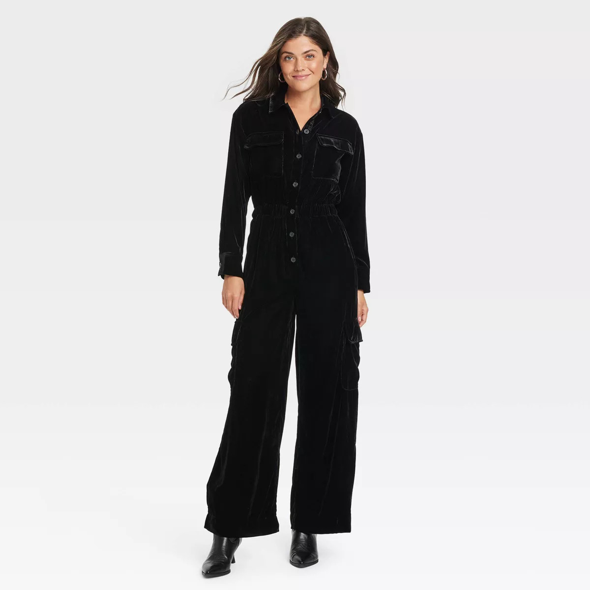 Women's Long Sleeve Velvet Cargo Jumpsuit - Universal Thread™ Black 2 | Target