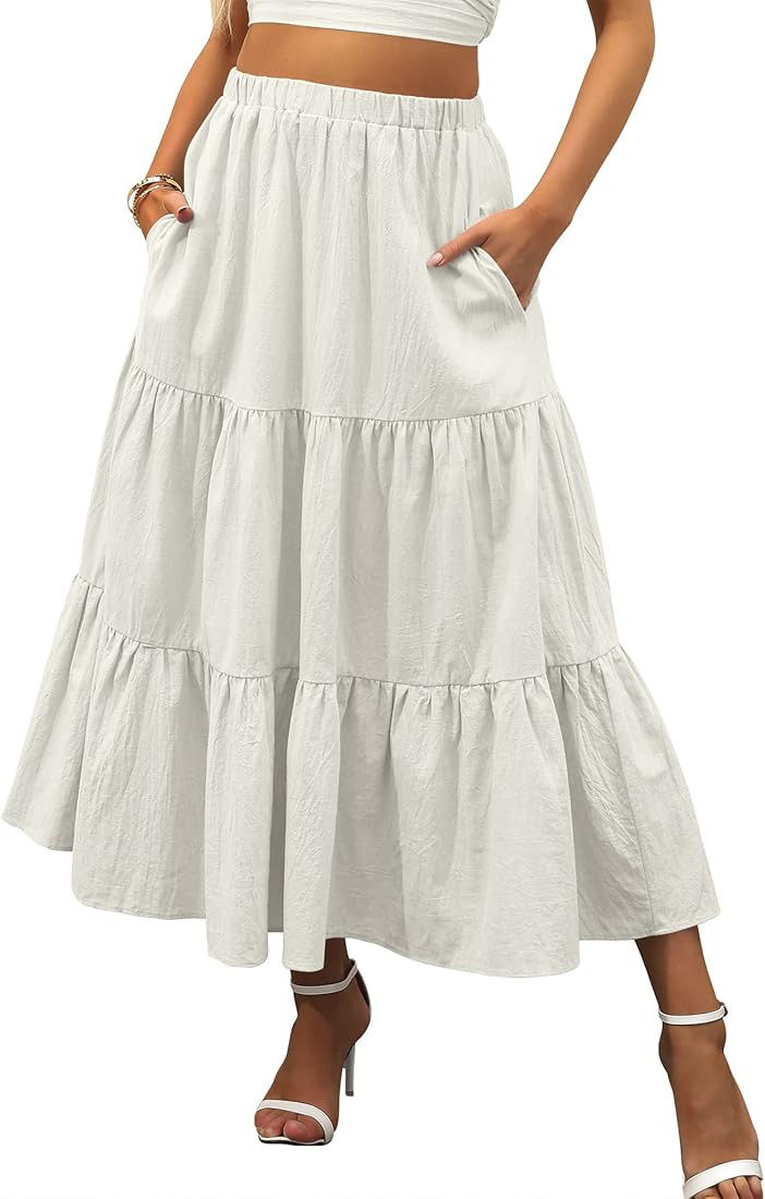 ANRABESS Women’s Summer Boho Elastic Waist Pleated A-Line Flowy Swing Tiered Long Beach Skirt D... | Amazon (US)