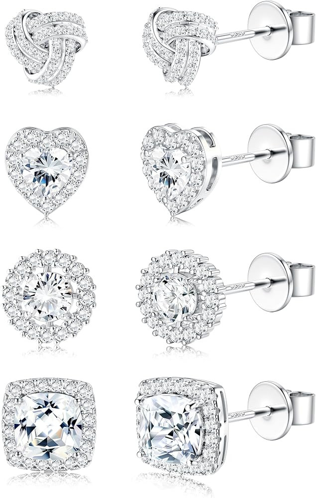 4 Pairs Sterling Silver 5A CZ Stud Earrings for Women 14K Gold Plated Brilliant Celtic Heart Big ... | Amazon (US)