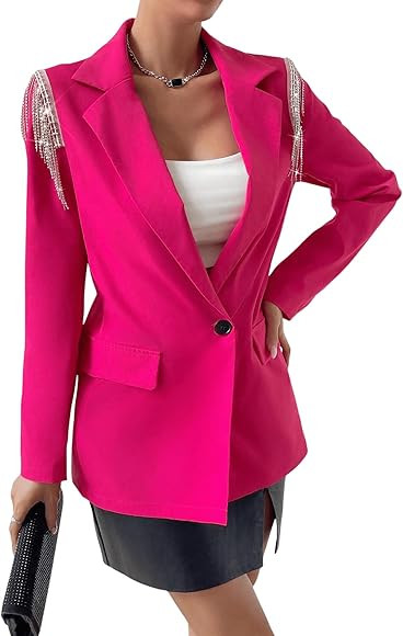 Floerns Women's Long Sleeve Rhinestone Fringe Trim Button Front Blazer Jacket | Amazon (US)