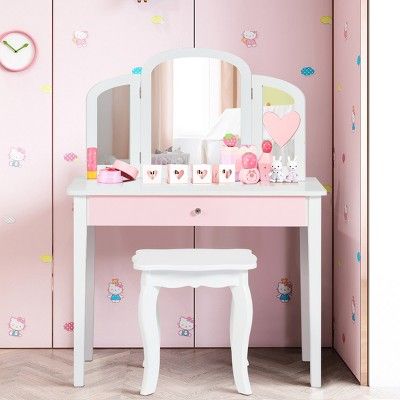 Costway Kids Vanity Set Princess Makeup Dressing Play Table Set W/Mirror  White\ Pink | Target