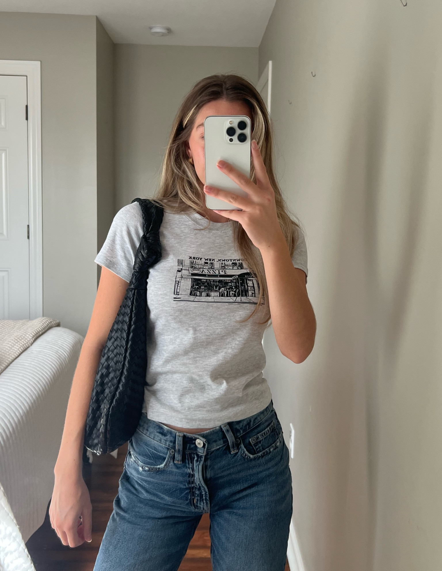 American Eagle low rise baggy dark jeans, graphic tee shirt, anthropologie Melie Bianco Brigitte Large Satchel, bottega dupe bag

#LTKSale #LTKstyletip #LTKsalealert