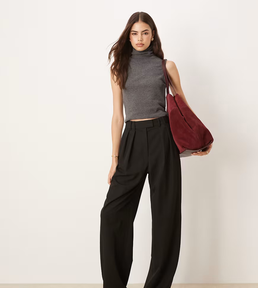 ASOS DESIGN Tall tailored wide leg trousers with pleat detail in black | ASOS (Global)