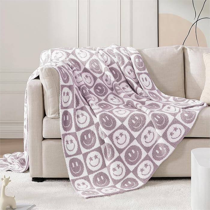 WRENSONGE Checkered Throw Blanket Lilac Smiling Face Soft Cozy Fluffy Warm Hand Made Throw Blanke... | Amazon (US)